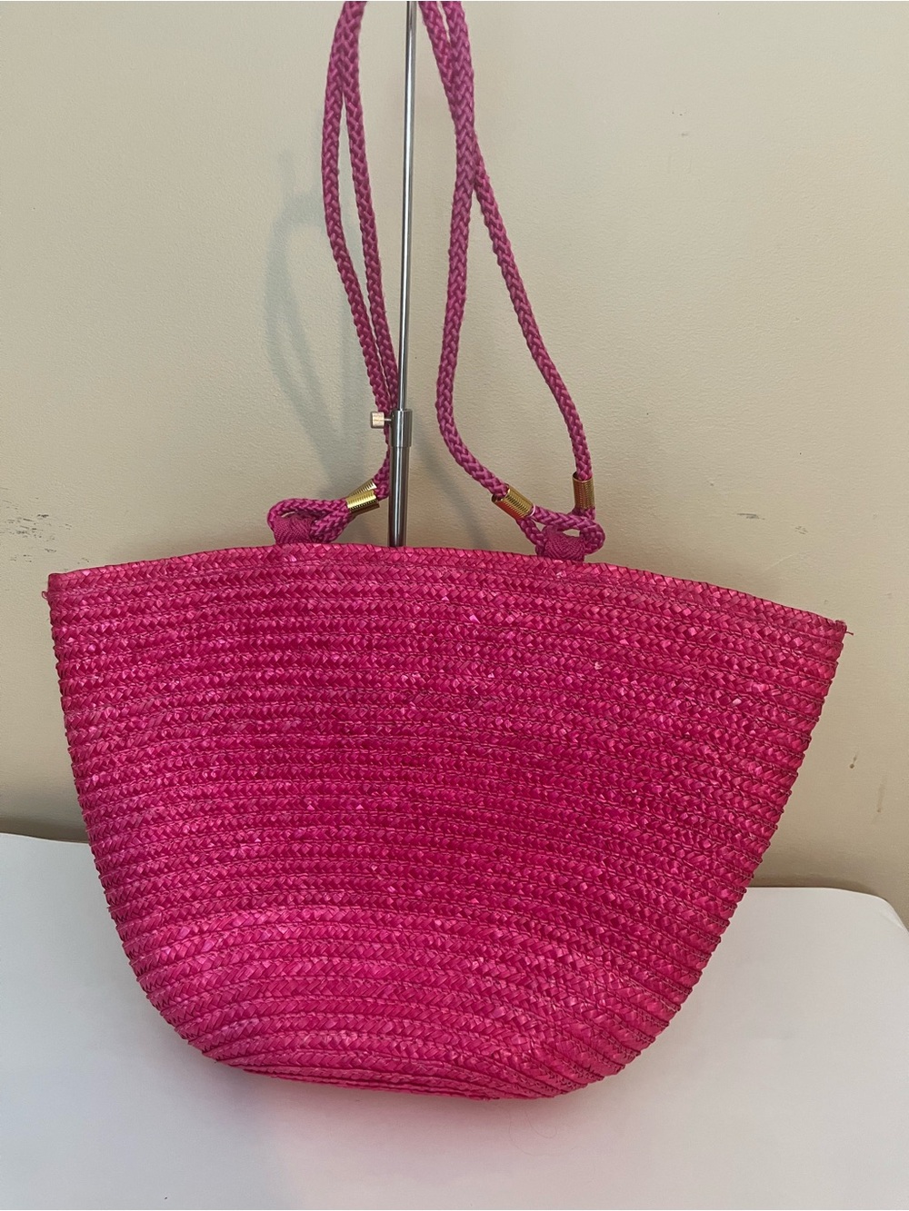 Bright Pink Woven Tote Bag with Braided Shoulder Straps